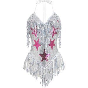 Women Sequins Rave Bodysuit Sleeveless Fringe Festival Party Costume
